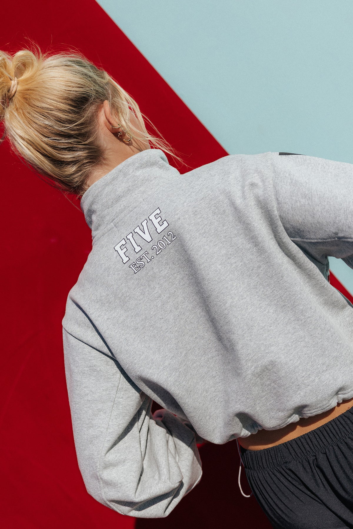 teen, teen wearing a heather gray cropped sweatshirt with 'FIVE' and 'NEW YORK' printed on the back, shown from behind against a bold red and light blue background.